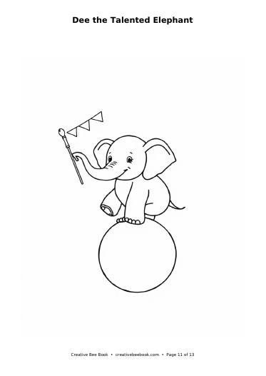 Colouring page preview: Dee the Talented Elephant